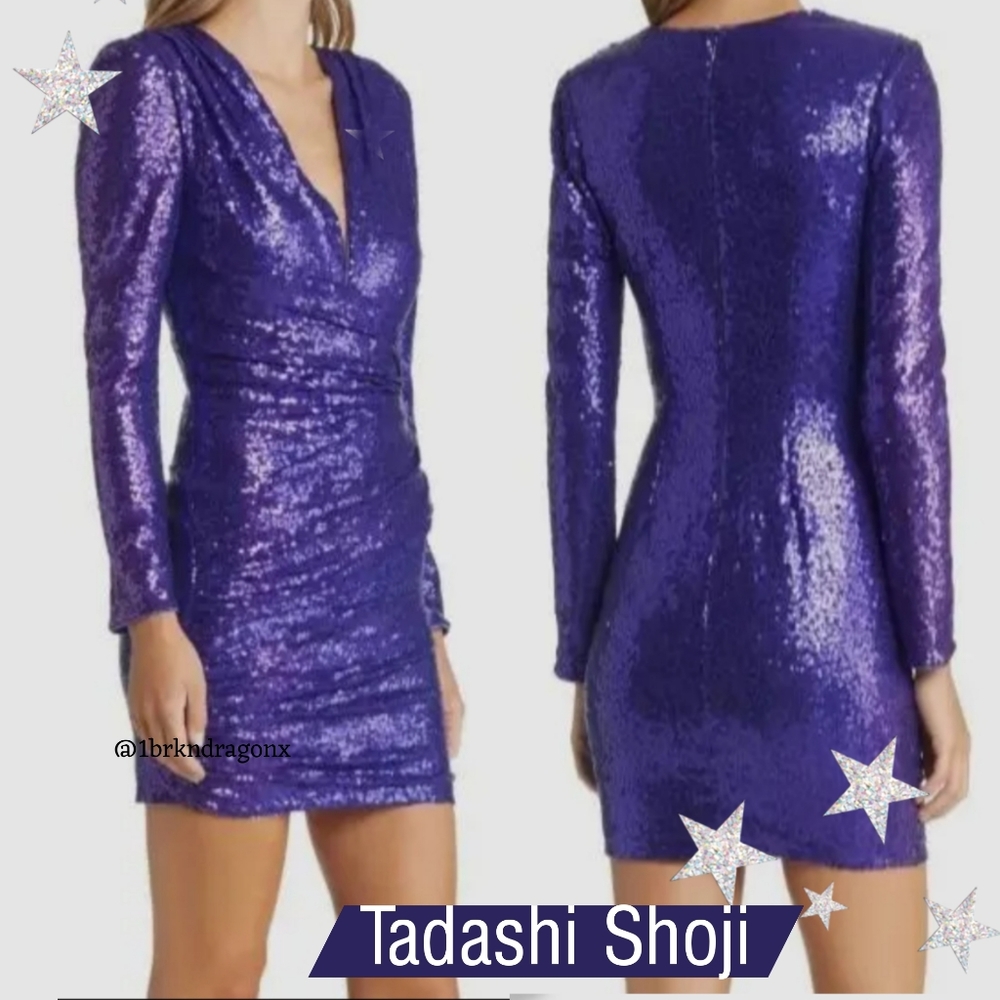 NWT Tadashi Shoji Royal Purple Cocktail Dress Midi Sequin Stretch Evening Party - Picture 7 of 14